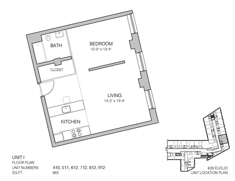 Floor plan for studio, 1 bath, 544 sqft